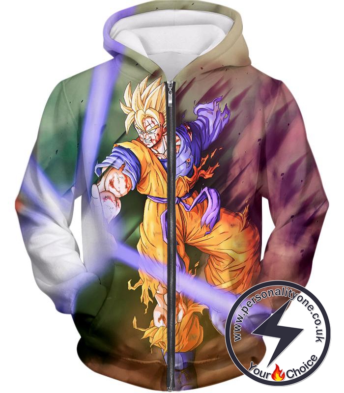 Dragon Ball Super Awesome Super Saiyan Goku One Handed Battle Action Zip Up Hoodie